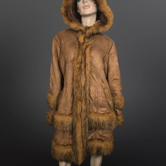 Vintage 60s 70s Penny Lane Coat Size M Boho Brown Faux Suede Faux Fur Mid Length - Picture 2 of 16